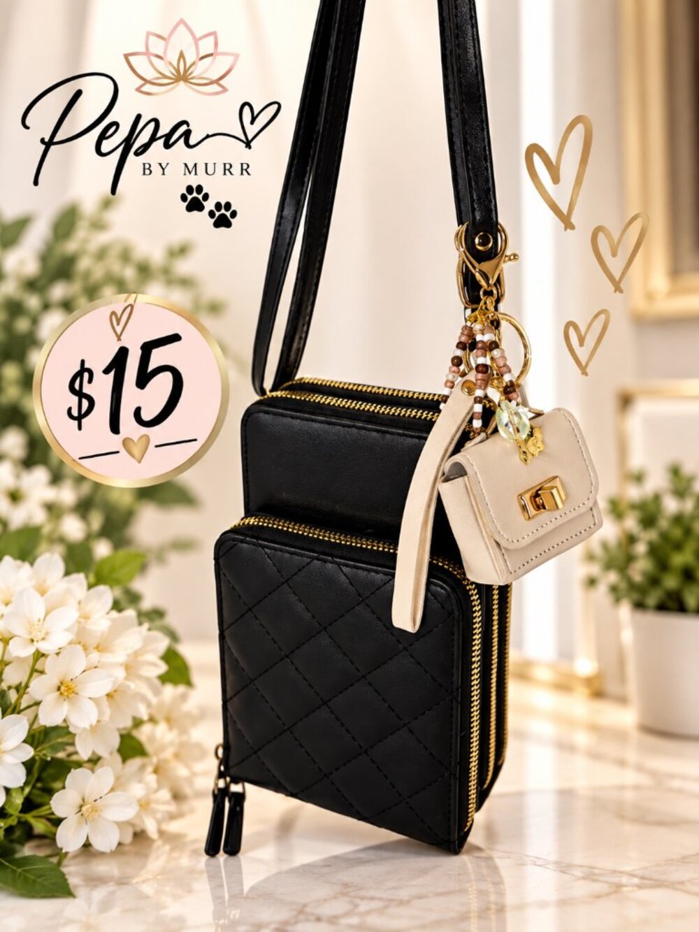 New with Tags Black Quilted Crossbody Bag + Handmade Bag Charm